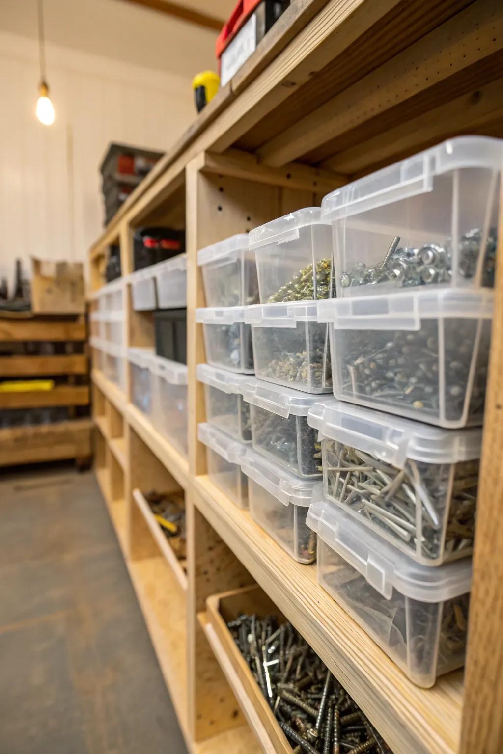 Streamline your workshop with see-through containers for effortless access and arrangement.
