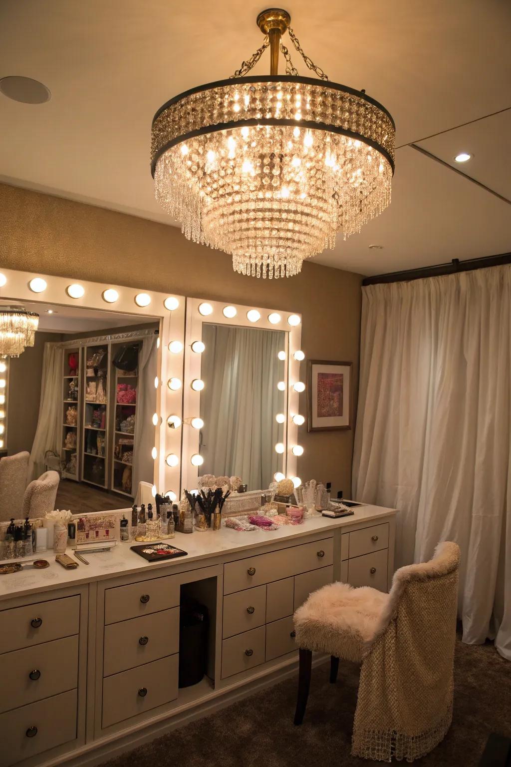 A chandelier adds a touch of sophistication.