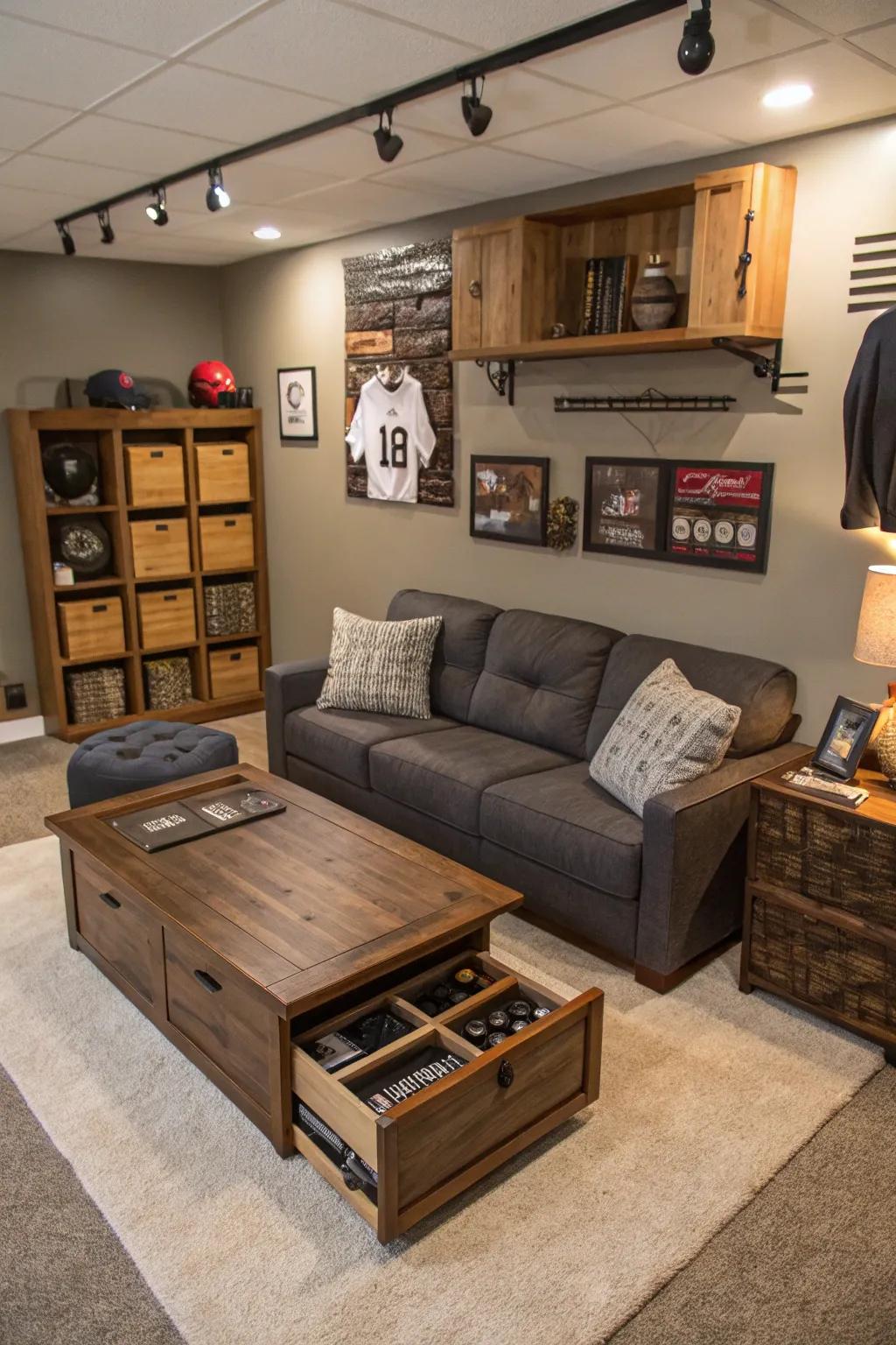 Adaptable furniture is key to space efficiency in the man cave.