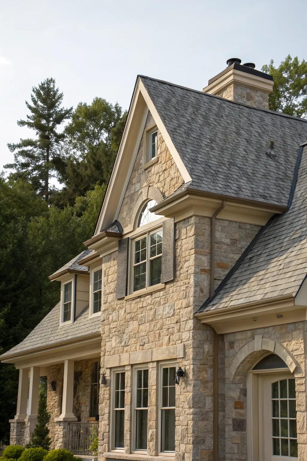 Genuine rock accents furnish ageless grandeur to this mansard roof.