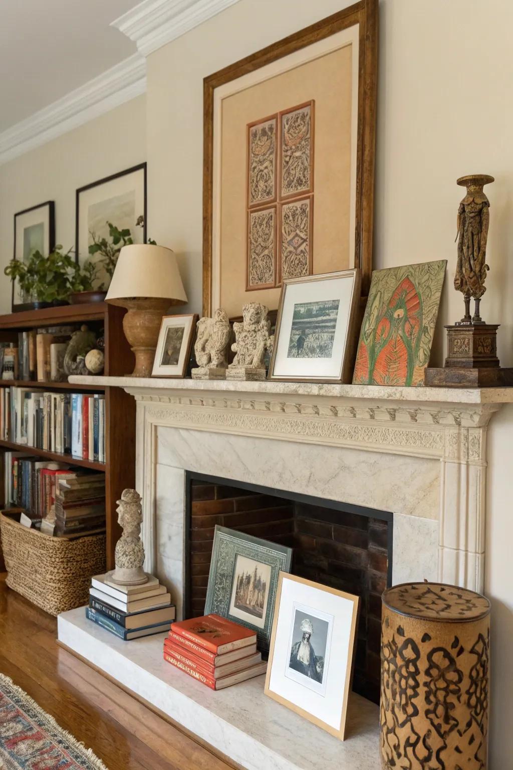 A layered mantel display sparks visual interest.
