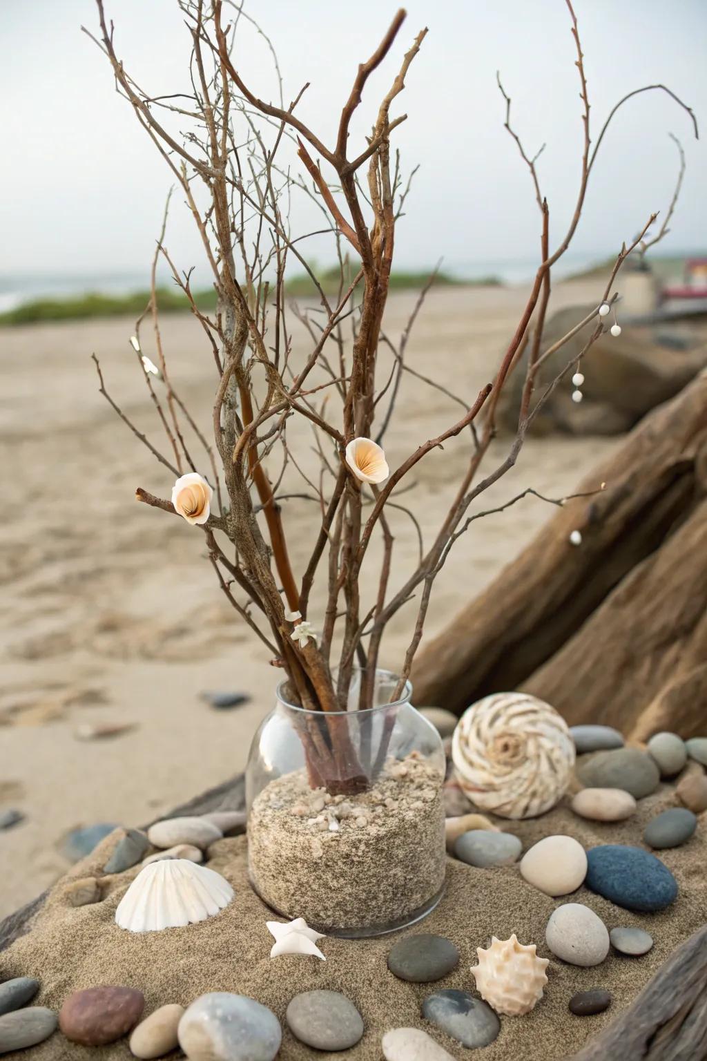 Coastline contentment through seashells and grit encompassing manzanita branches.
