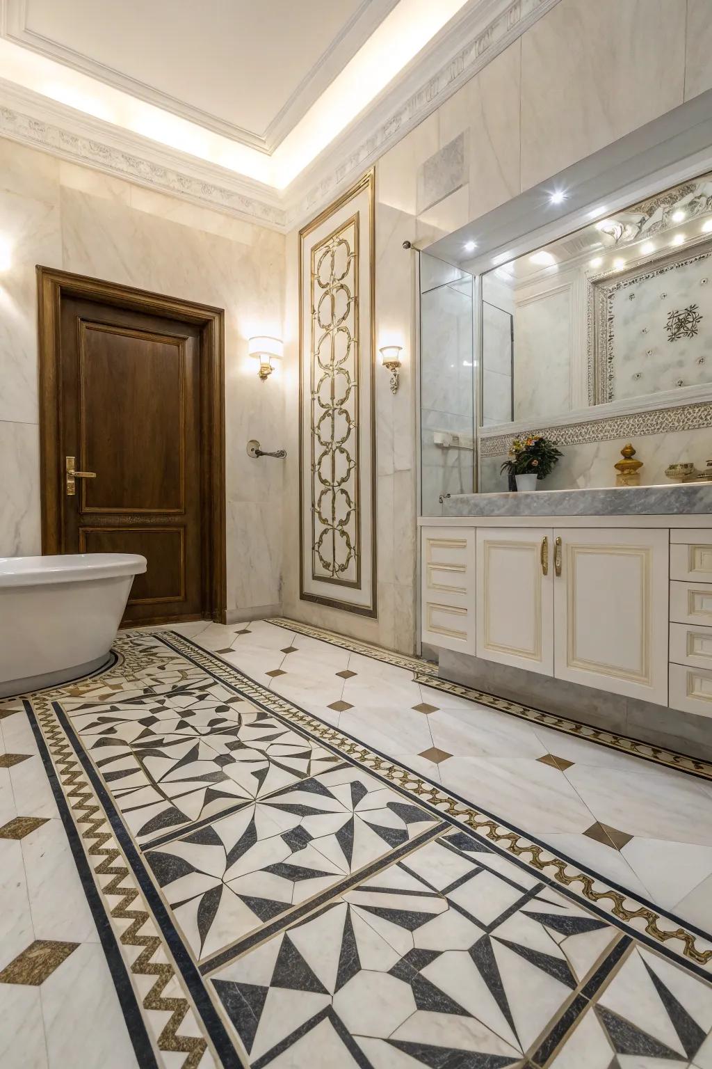 Geometric marble flooring introduces depth and elegance.