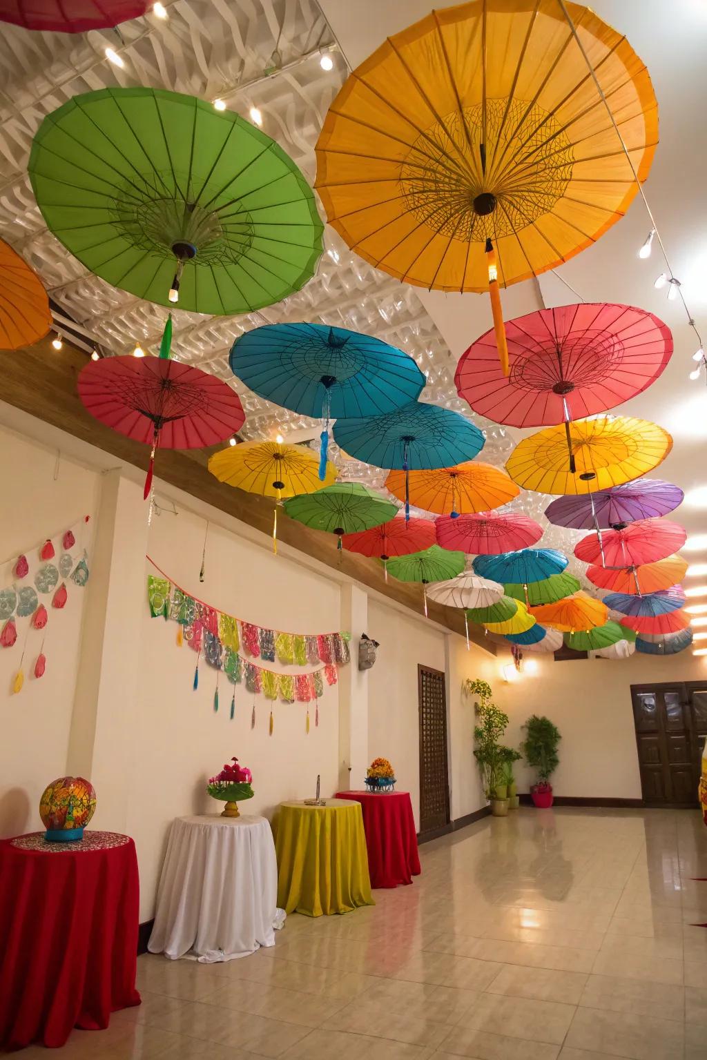 Umbrellas tender a whimsical nod to quintessential Mardi Gras processions.