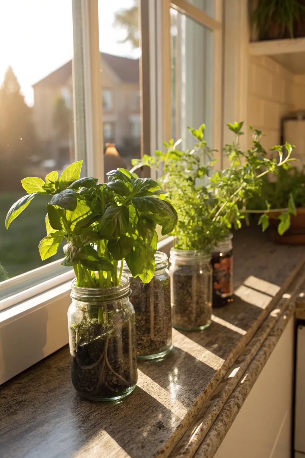 Use elegant glass preserving jar holders to grow your own herbs.