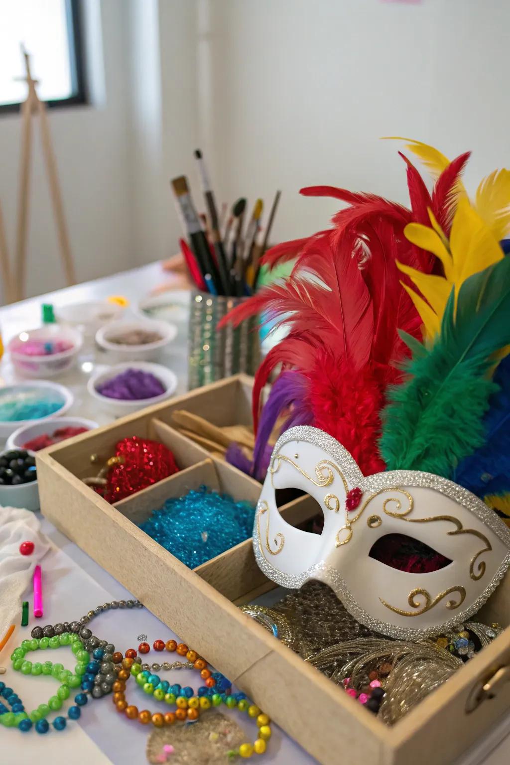 A creative mask station for attendees to personalize the masquerade masks.