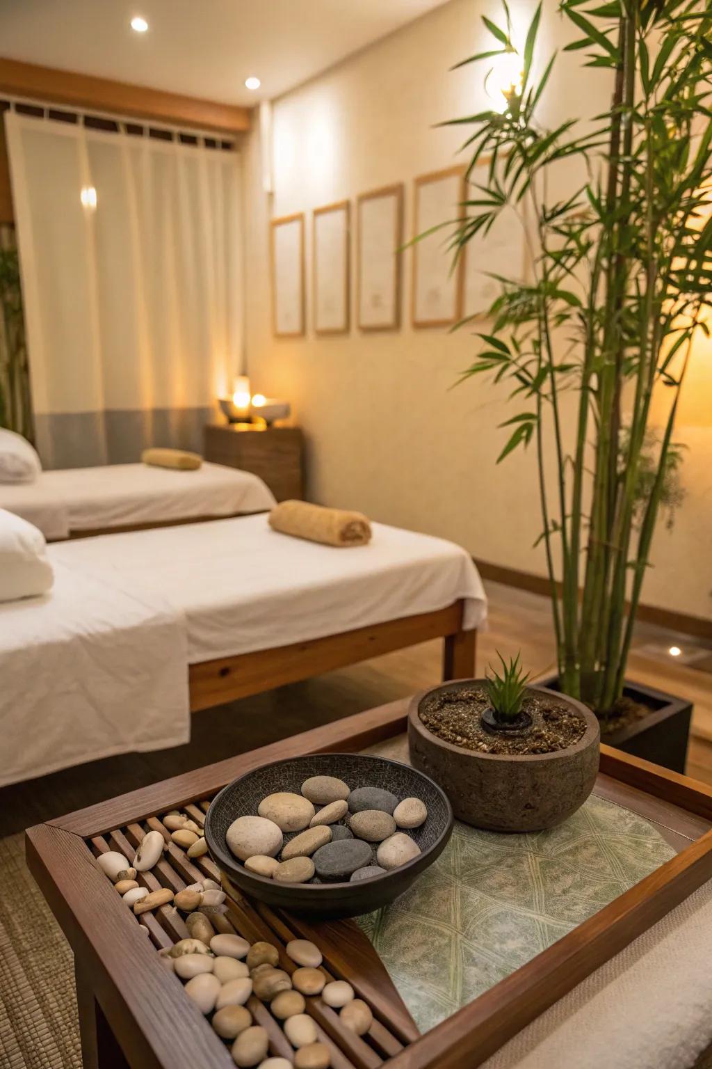 A zen rock garden joins a peaceful trace to this massage room.