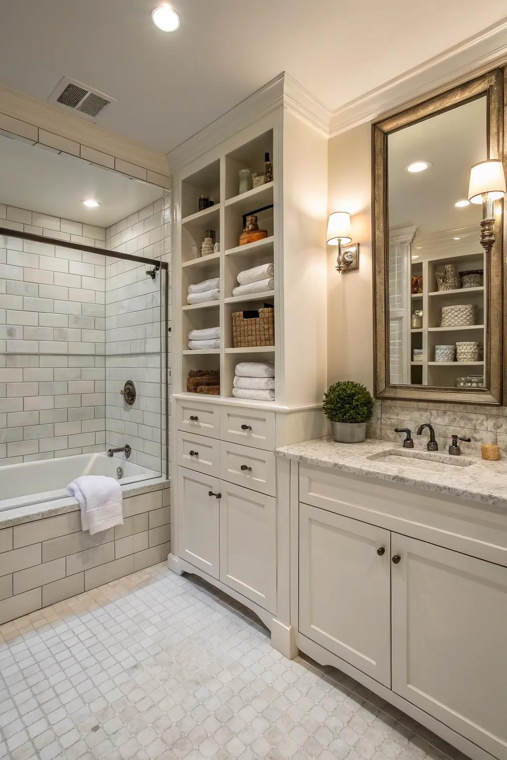 Integrated storage ensures this master bathroom remains uncluttered and stylish.