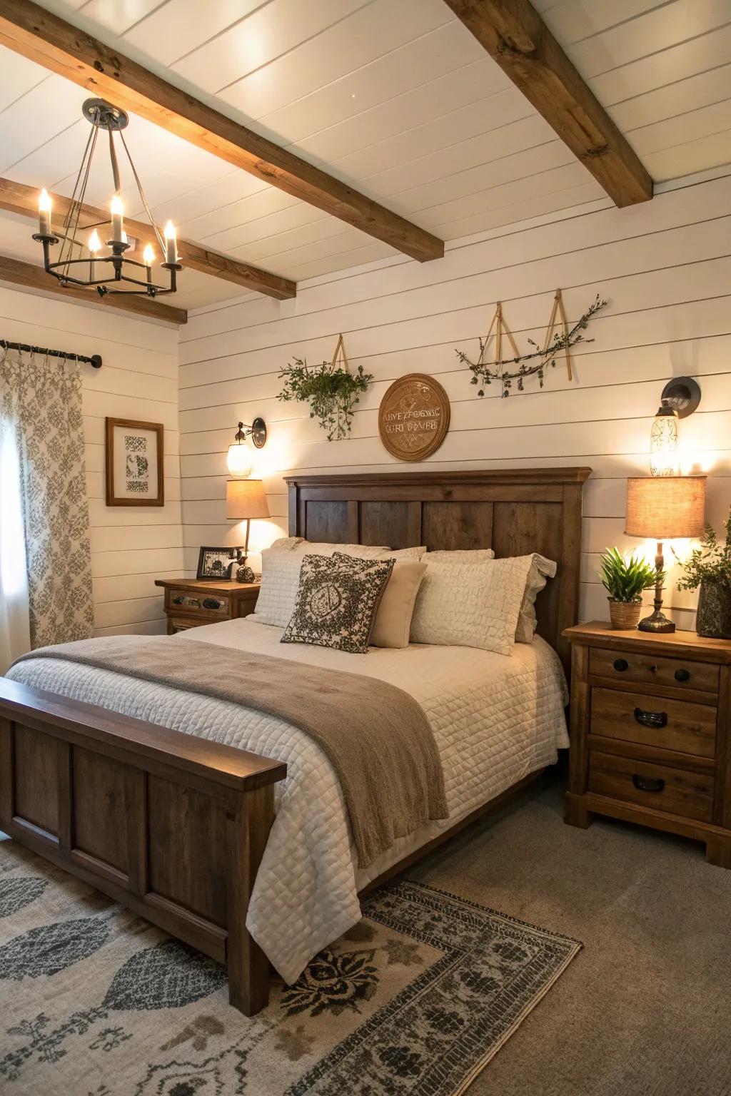 Shiplap walls enhance the bedroom's modern farmhouse charm.