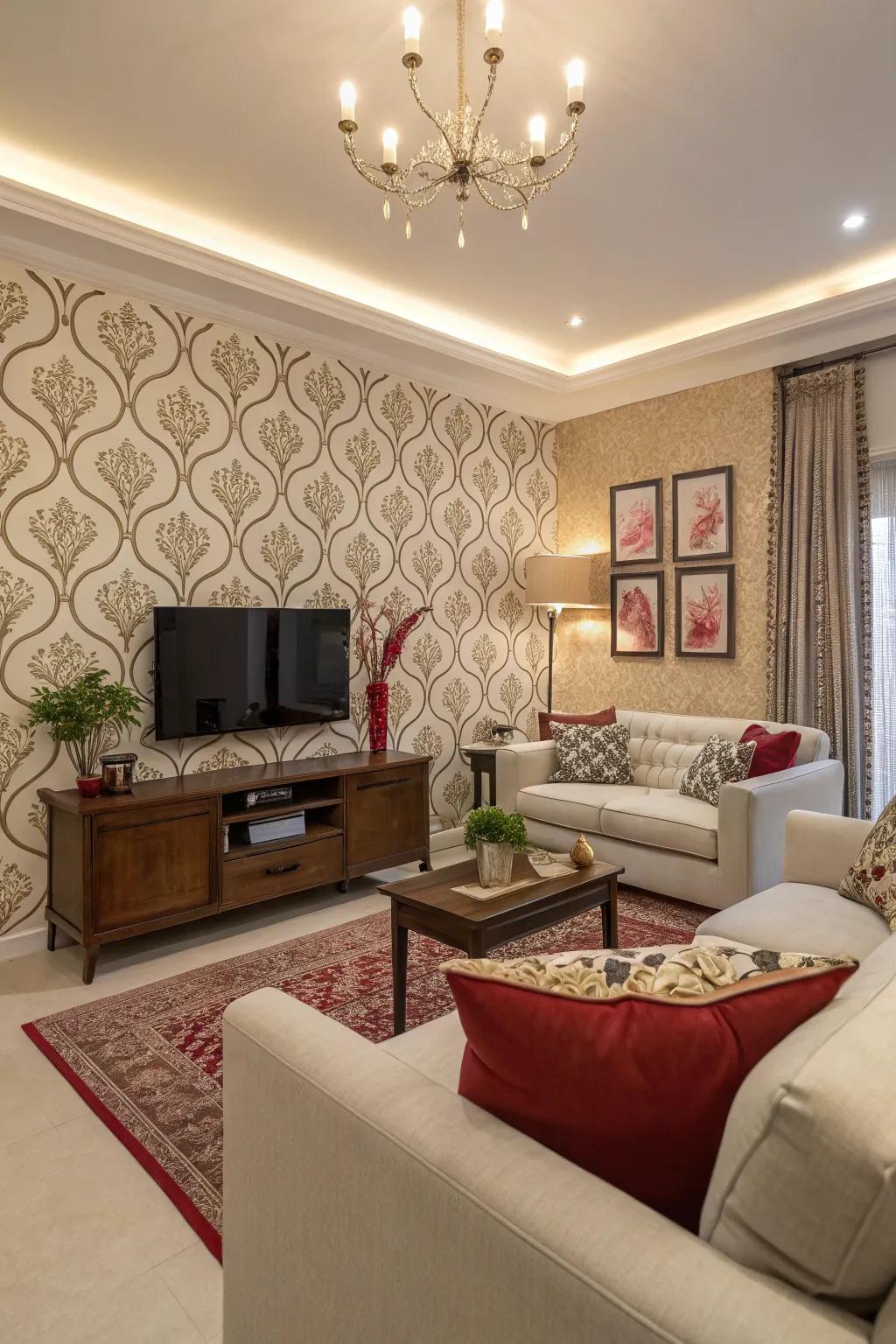 A bold feature wall becomes the highlight of a stylish living room.