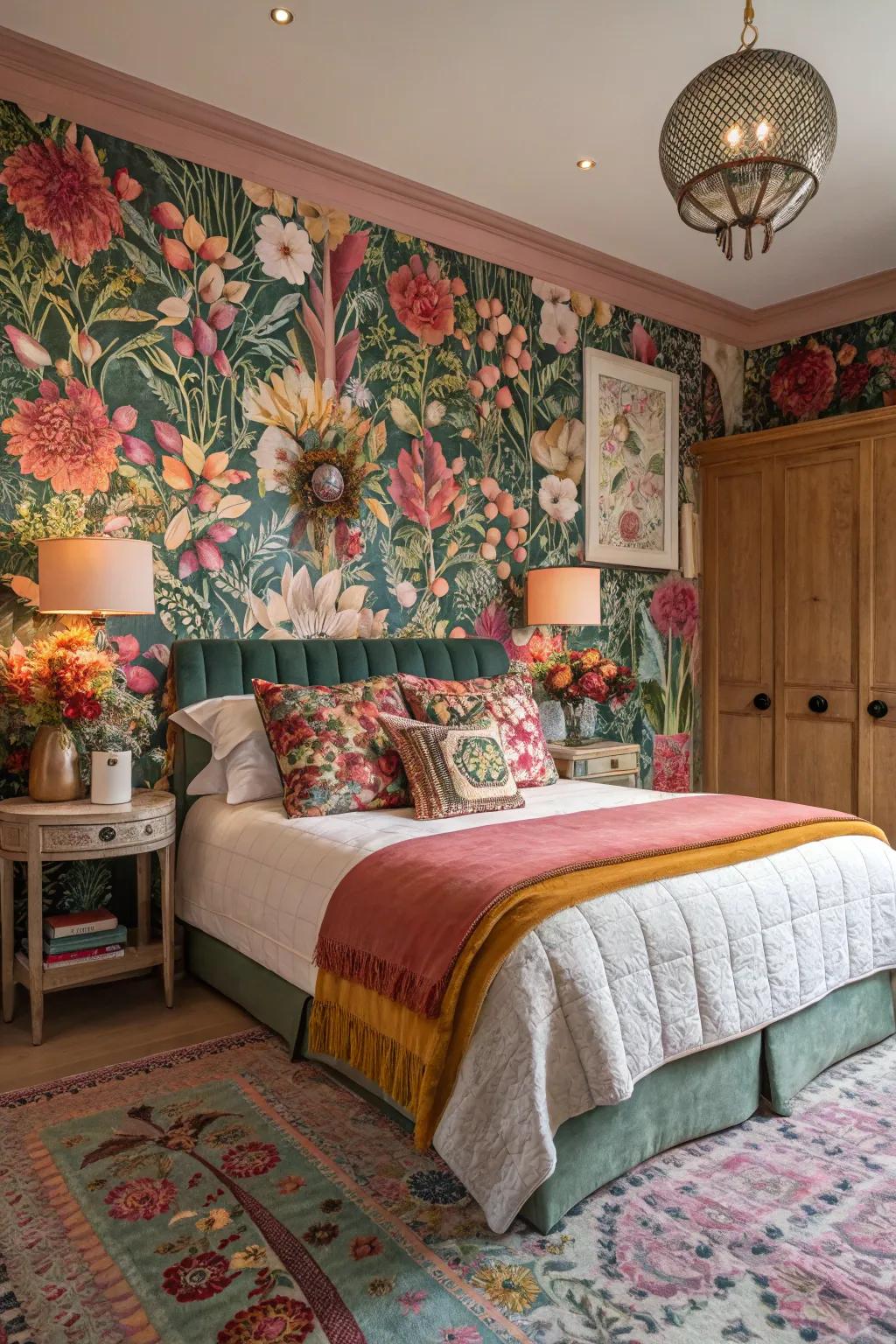 Botanical wall covering introduces a hint of nature to this bedroom.