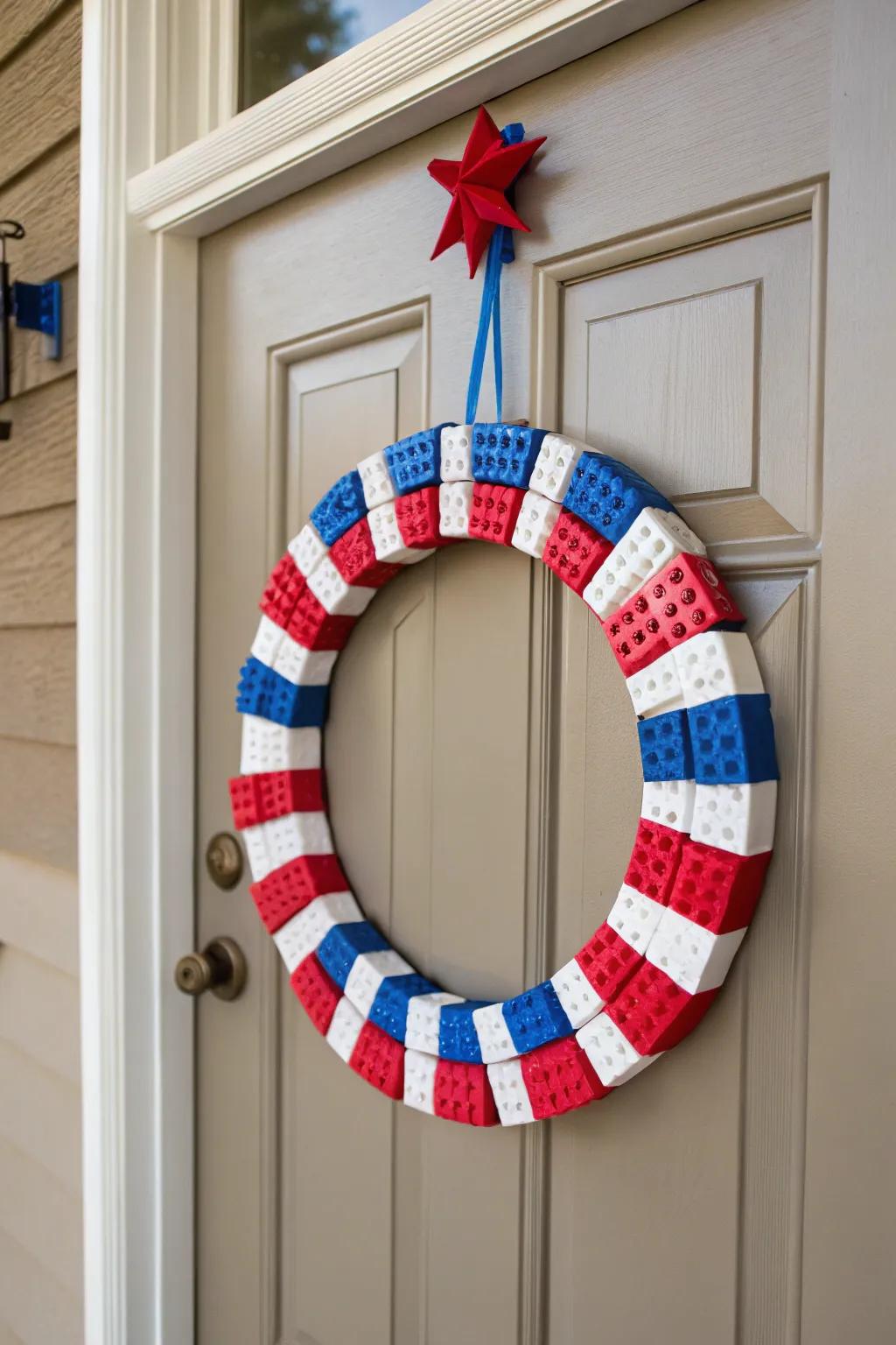 A playful and creative Block wreath in patriotic hues.