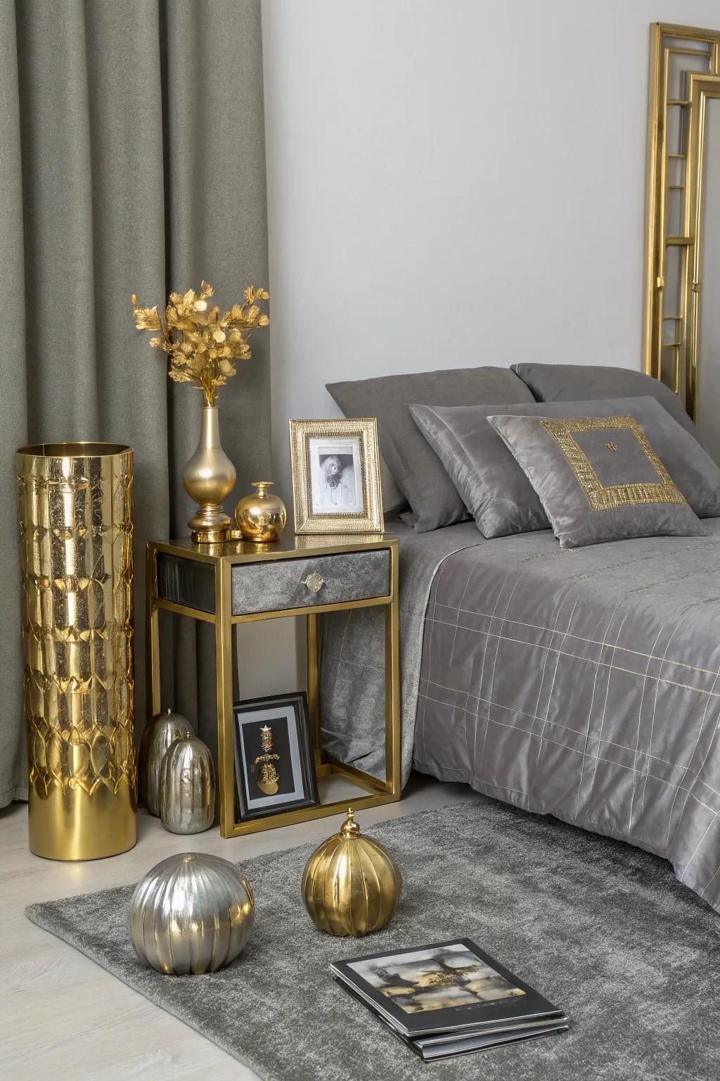 Metallic touches inject a luxurious shimmer into the grey bedroom.