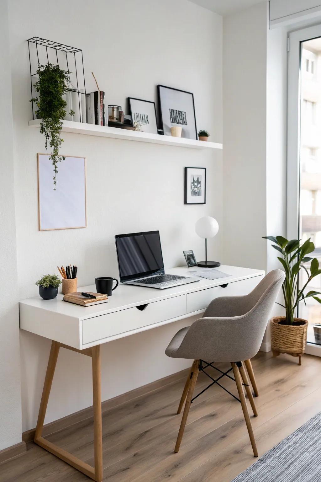 A floating work surface offers a pristine and refined workspace.