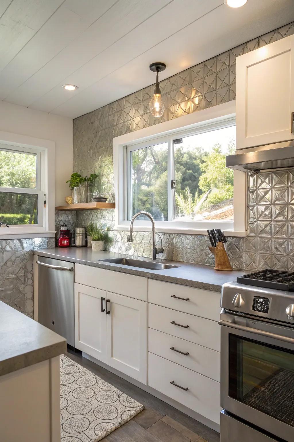 An eco-conscious kitchen featuring a recycled metal backsplash.