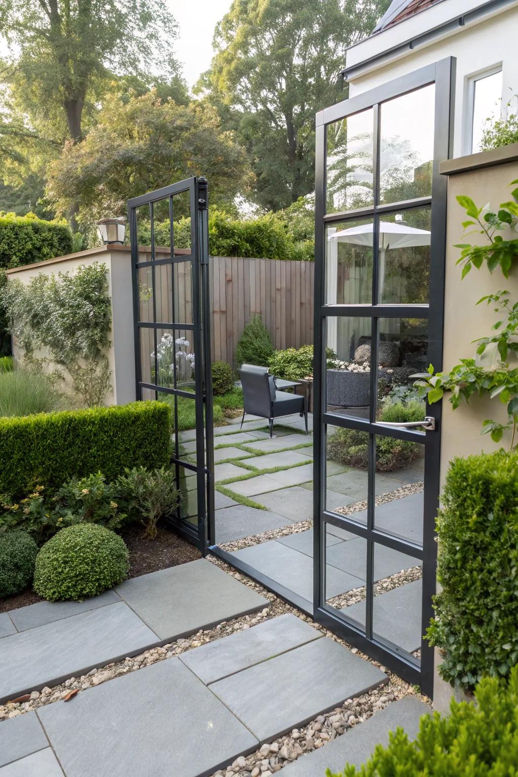 Glass paneling within metal doors interjects a modern, airy nuance.