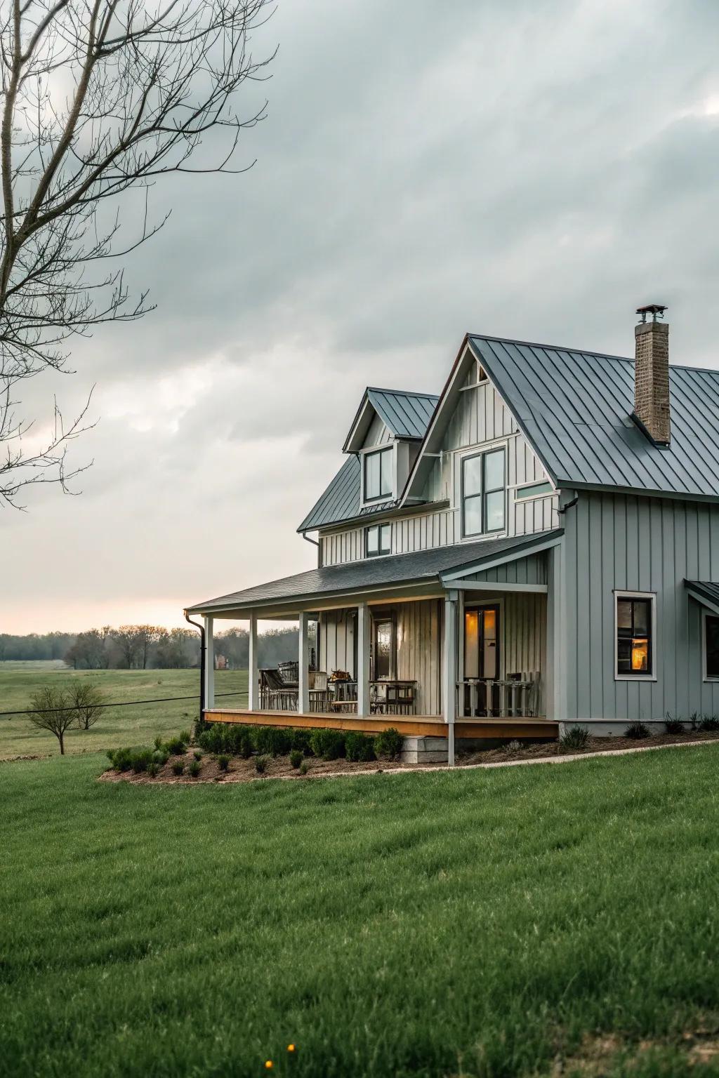 A rural farmhouse-style home beautifully incorporating modern metal wall cladding.