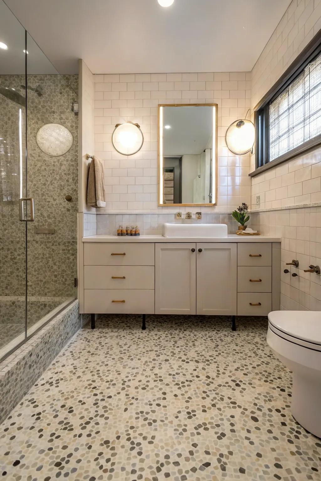 Terrazzo tiles add a distinct and timeless pattern to the floor.