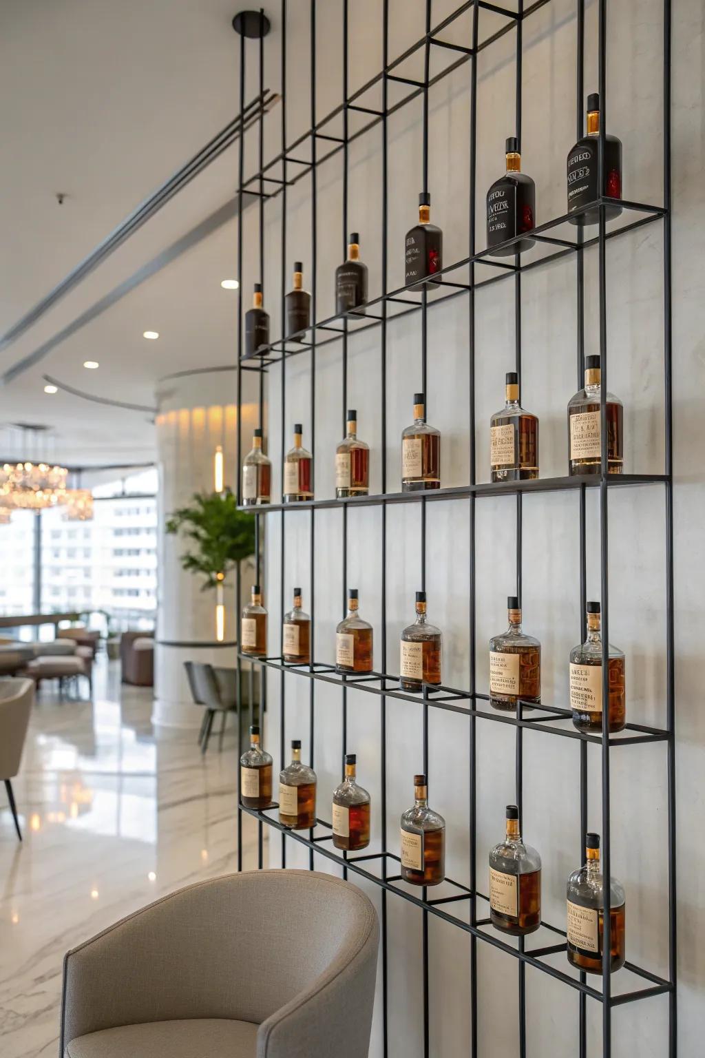 A hanging wall lattice rendering a modern presentation for miniature liquor bottles.