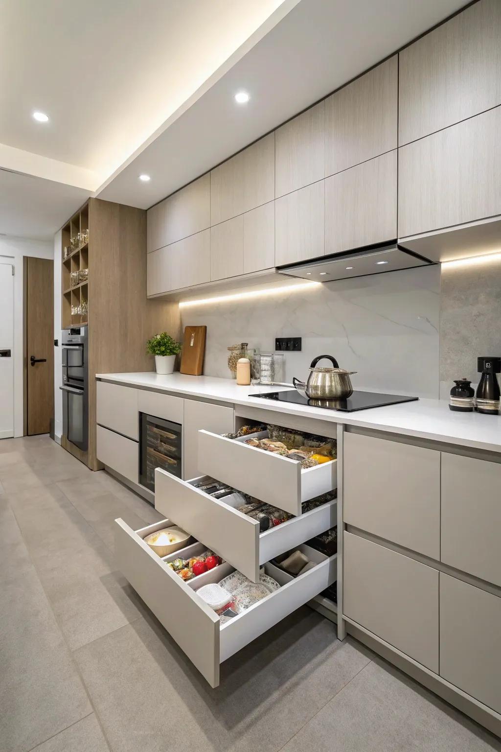 A minimalist kitchen featuring concealed storage to maintain a clutter-free look.