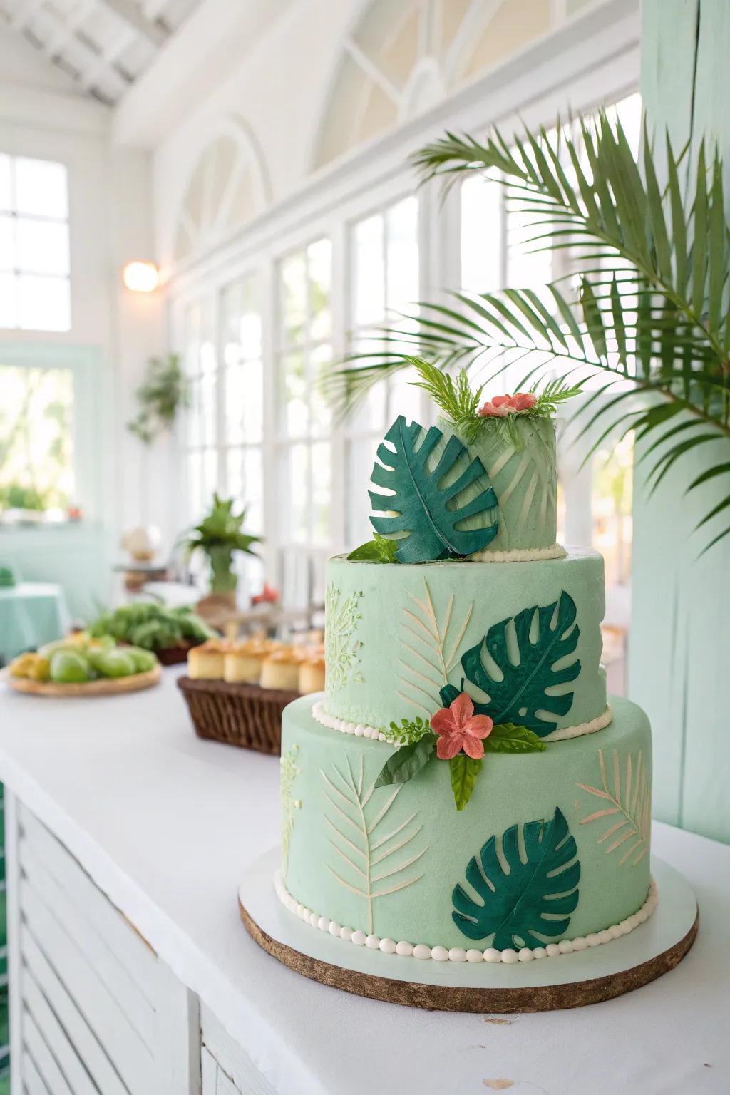 A mint green cake decorated with tropical elements and decorations.