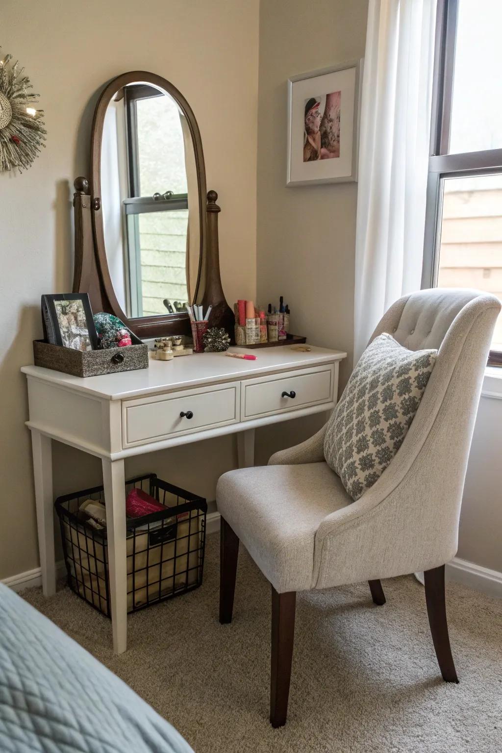 A vanity station complete with a mirror is both functional and fashionable.