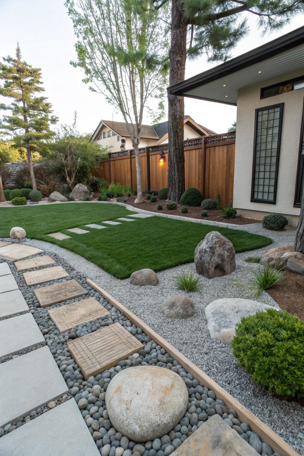 A zen-inspired front yard with artificial grass and tranquil elements.
