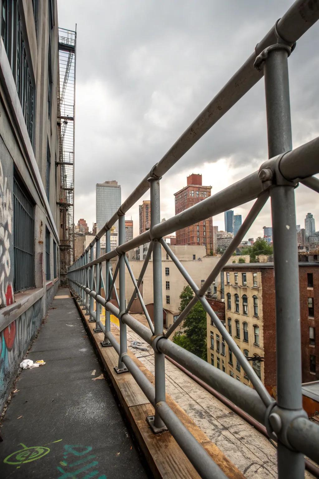 Industrial-style balcony railing made of metal pipes in an urban setting
