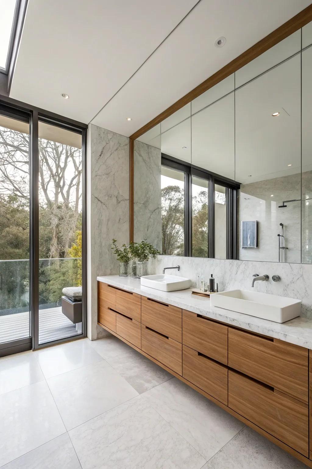 Concealed stowing solutions maintain contemporary restrooms tidy and stylish.