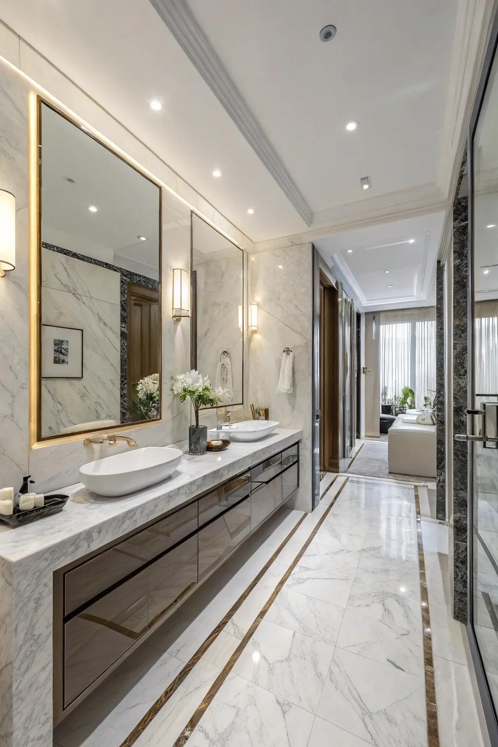 Marble details give a timeless grace to this modern bathroom.