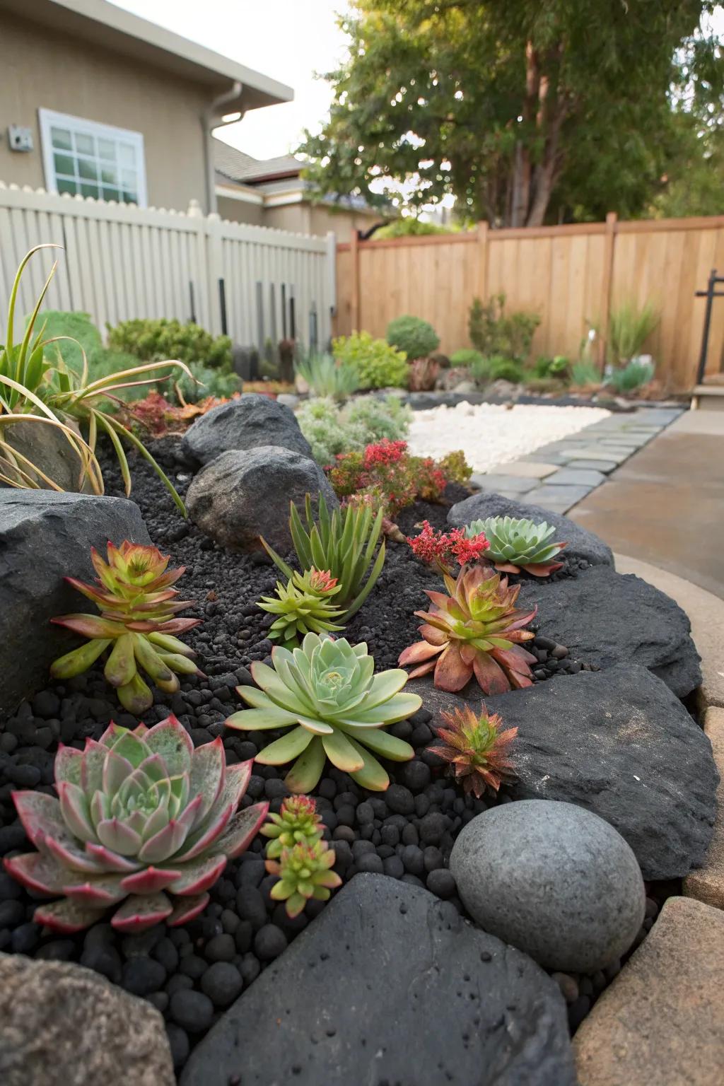 Succulents thrive in a modern black rock bed.