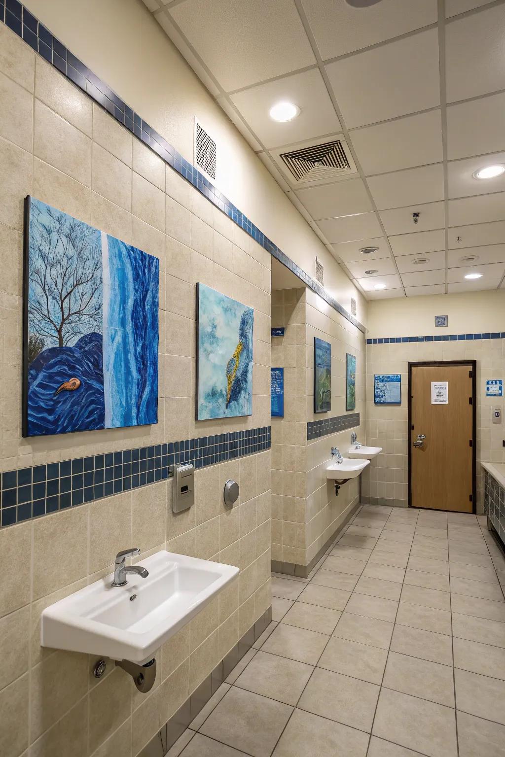 Azure artwork elegantly melds together the shade scheme in this stylish bathroom.