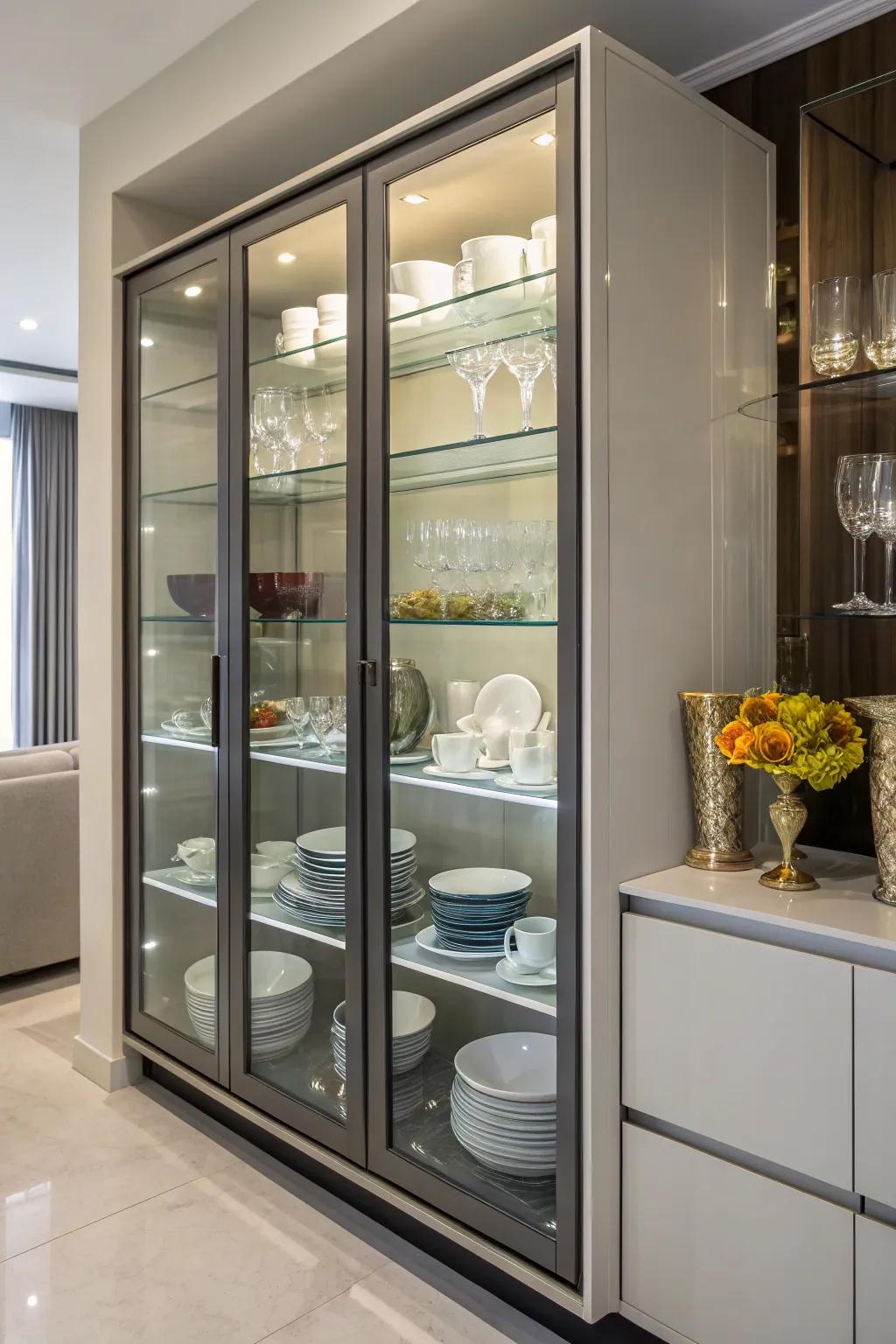 Sleek and protective glass doors on a china cabinet.