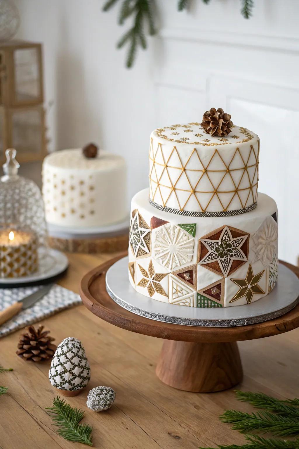 A yuletide cake featuring geometric patterns