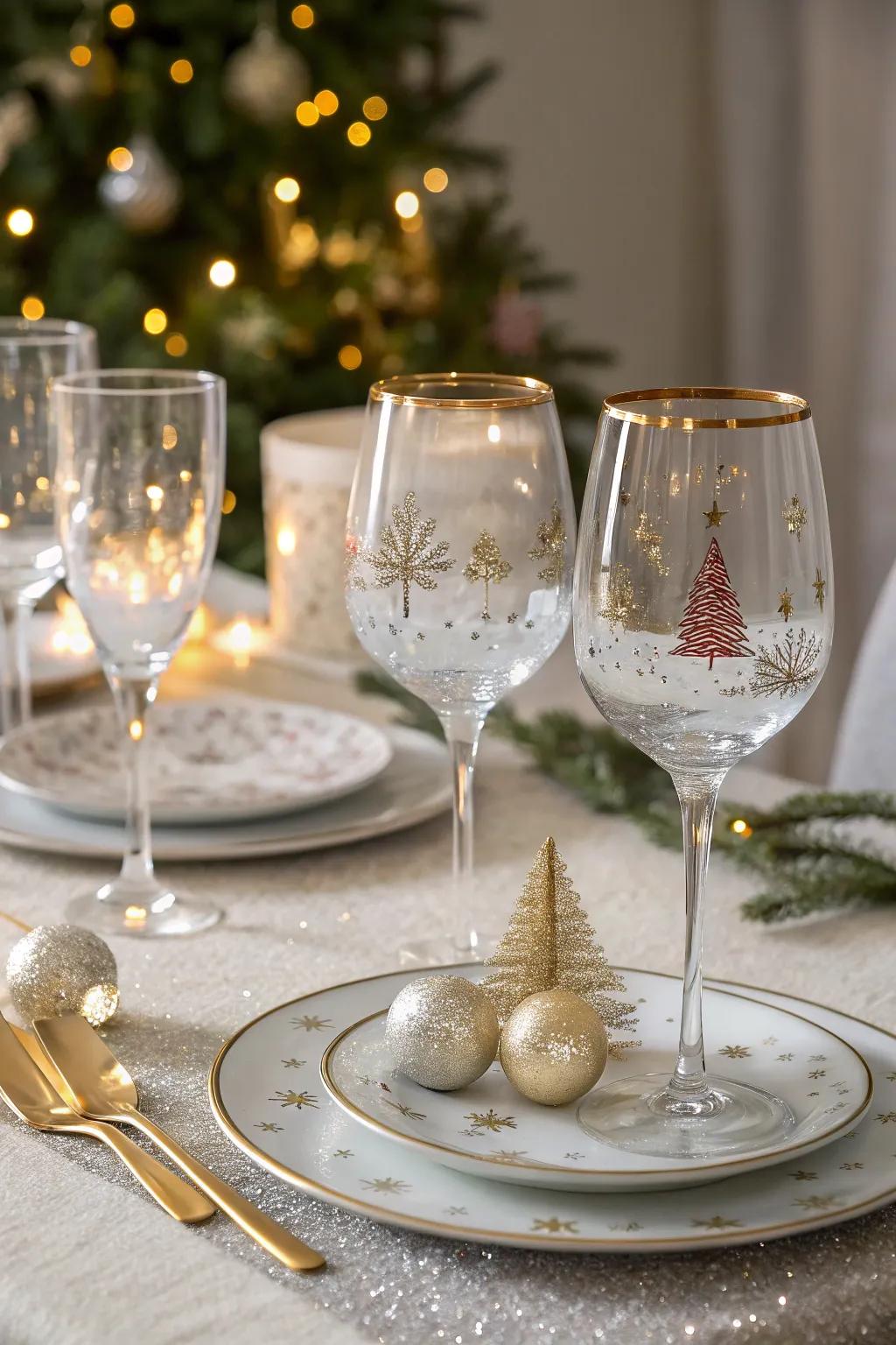 Stylish drinkware with festive artistry introduces sparkle to the table.