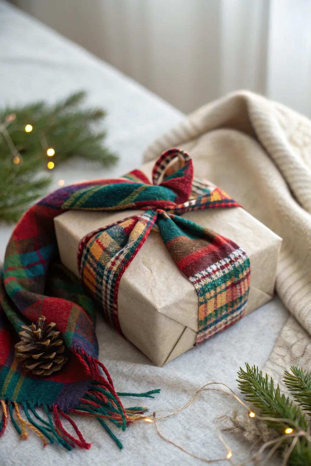 A gift wrapped in fabric, showcasing an environmentally conscious and elegant option to traditional wrapping.