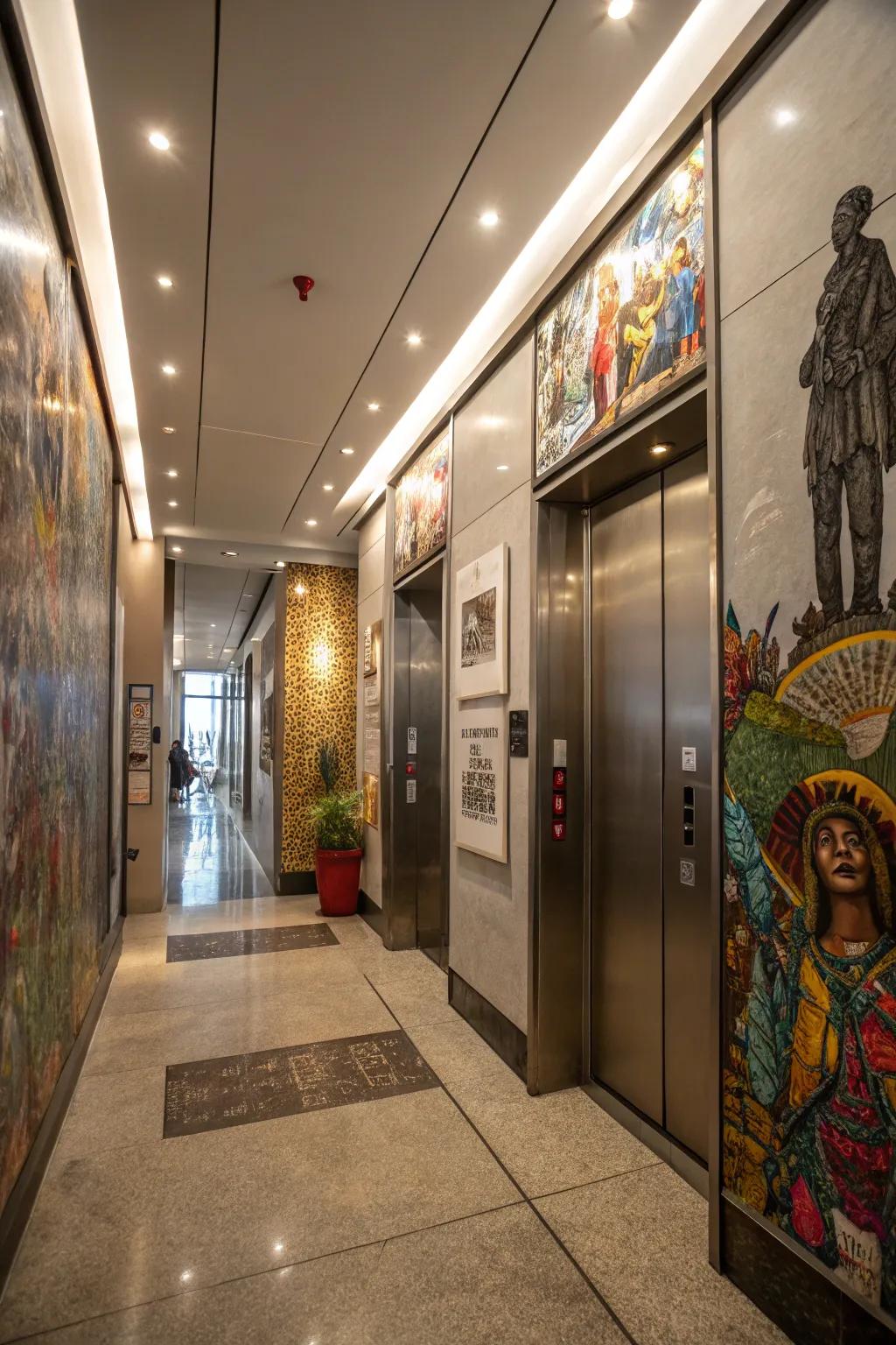 An elevator interior with artistic exhibits that create a gallery-like atmosphere.