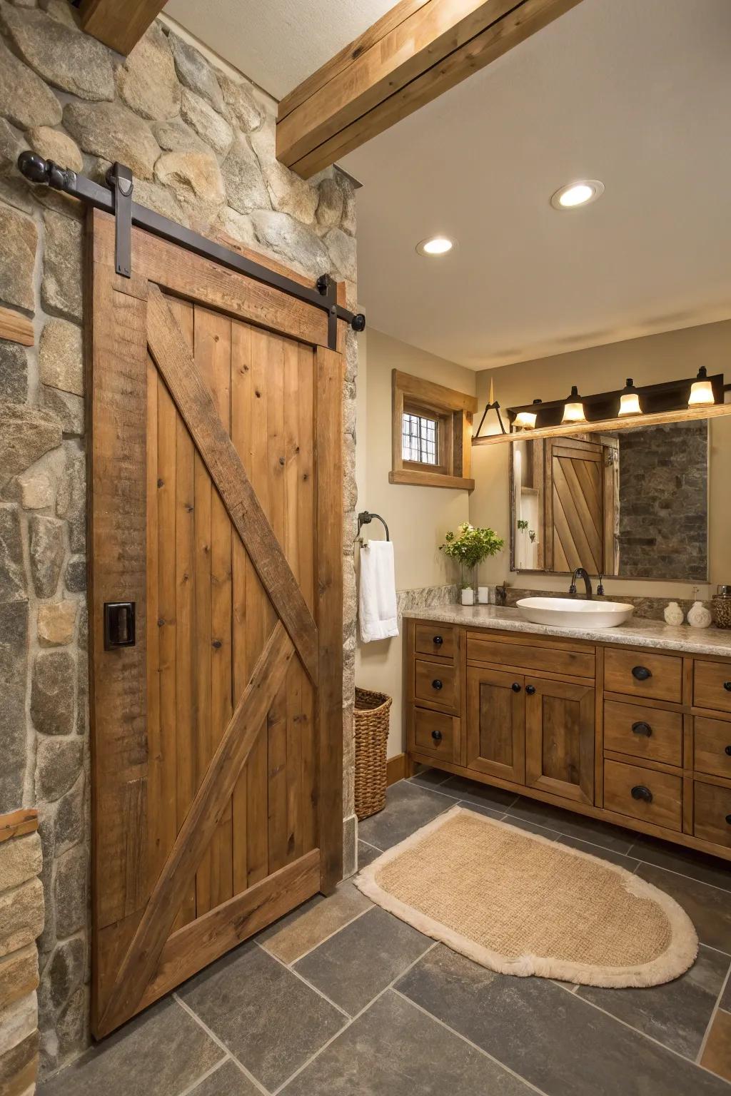 Sliding barn doors offer rustic allure and space-saving functionality.