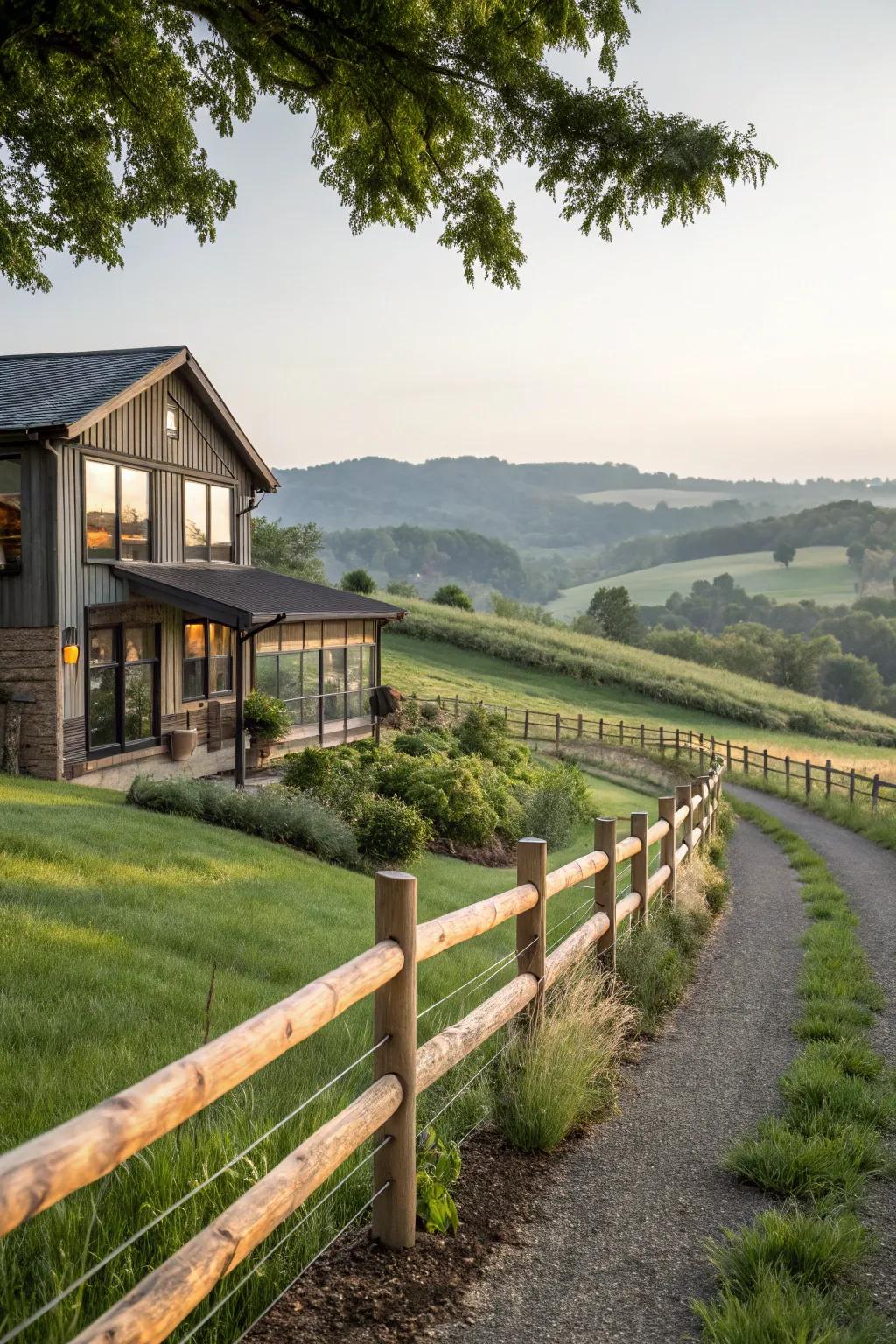 A rustic split rail fence adds countryside charm to this modern farmhouse.