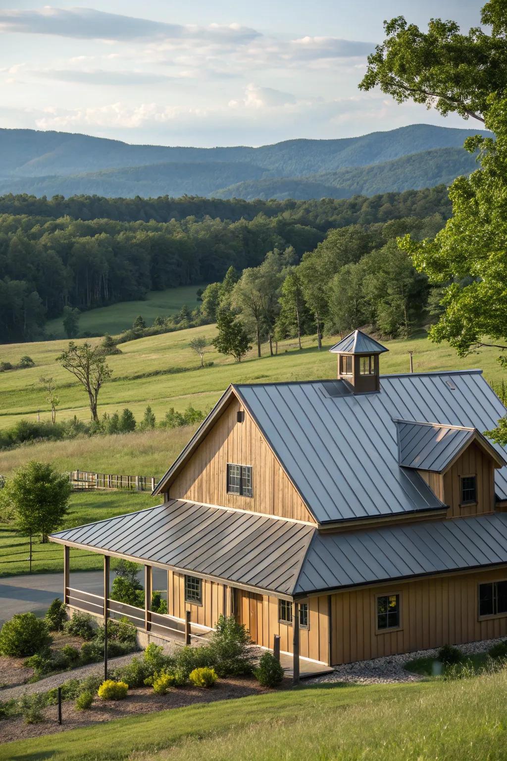 Understated sophistication: A farmhouse showcasing an earth-toned shield roof.