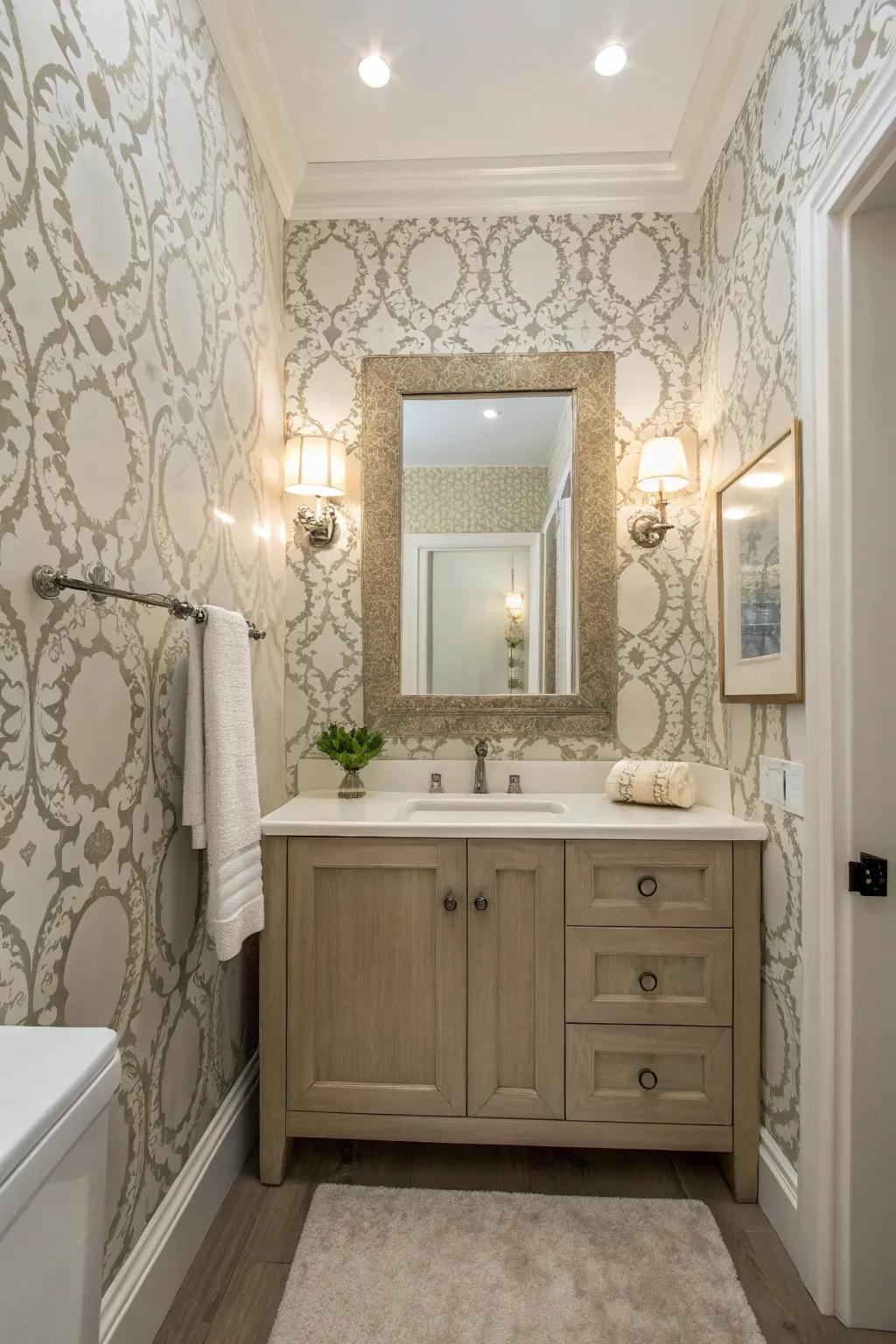 Subtle patterned wallpaper accent in a powder room.