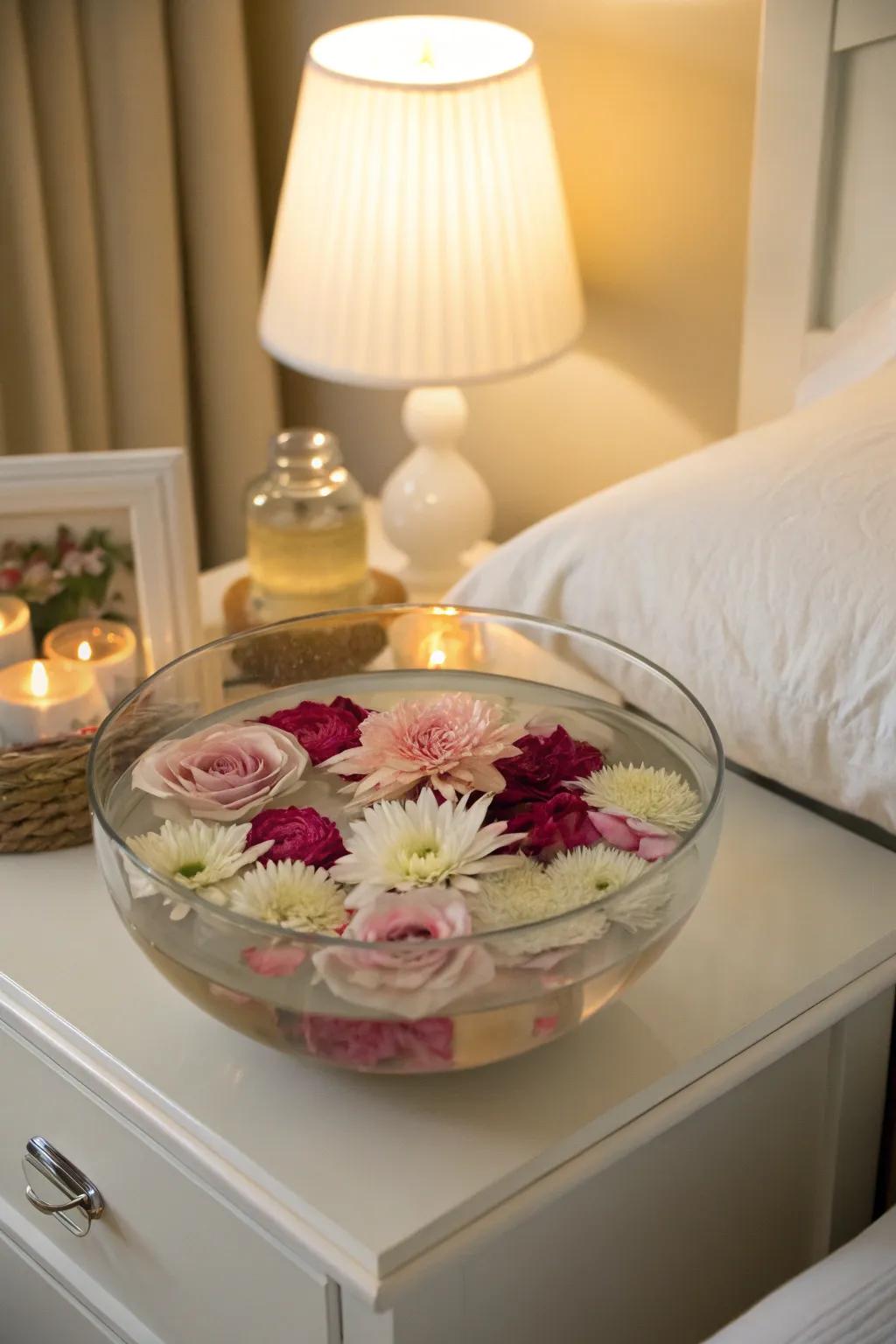 Floating flowers establishing a scene characterized by peaceful elegance.