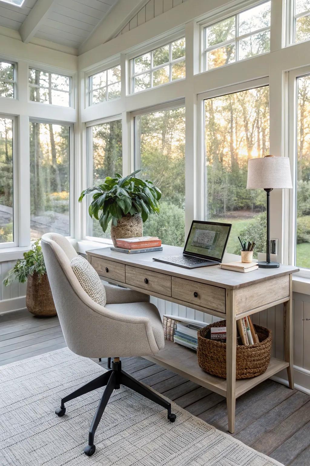 A sunroom converted into a home office, harmonizing productivity with nature.
