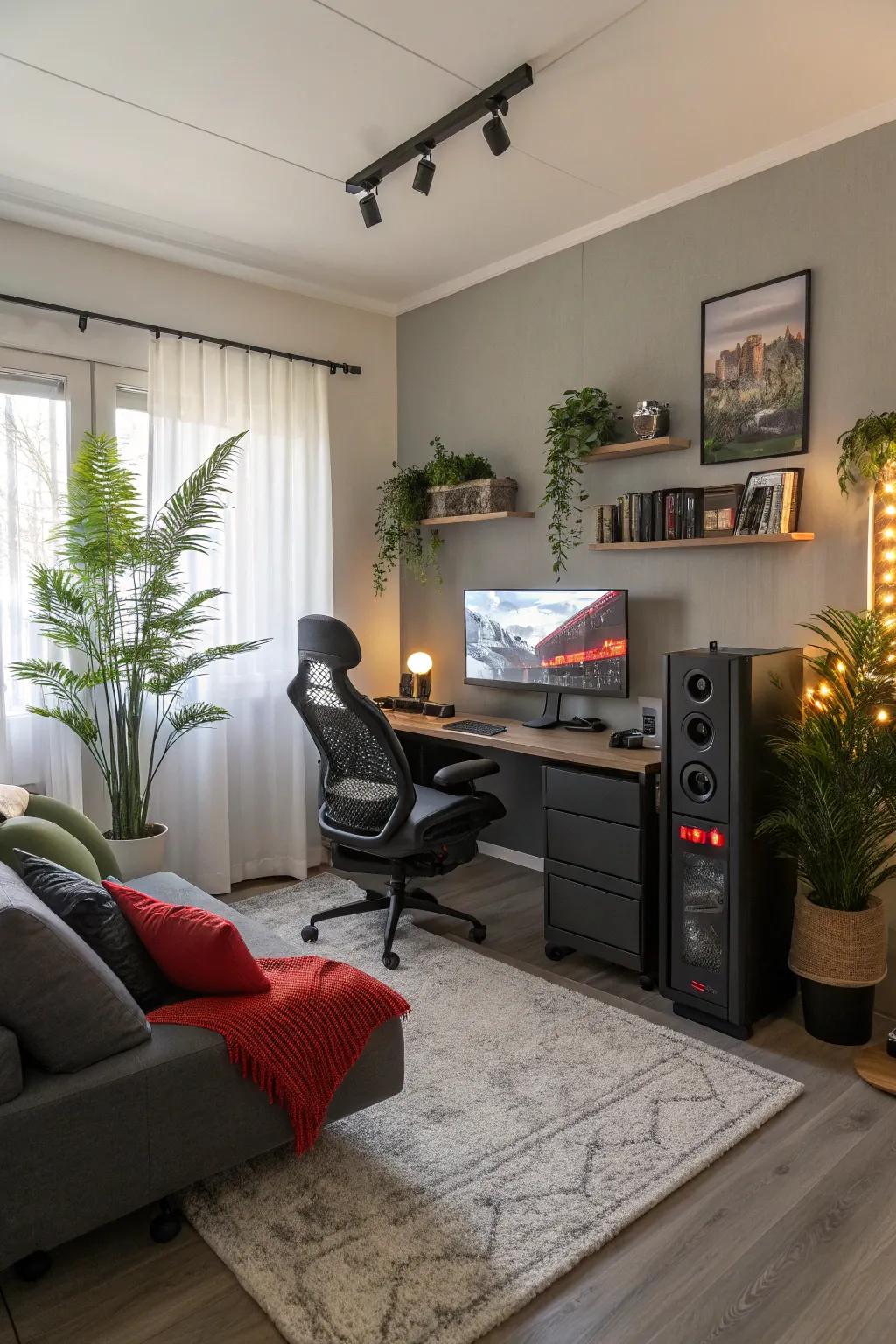 A gaming bedroom featuring plants in pots for a natural element.