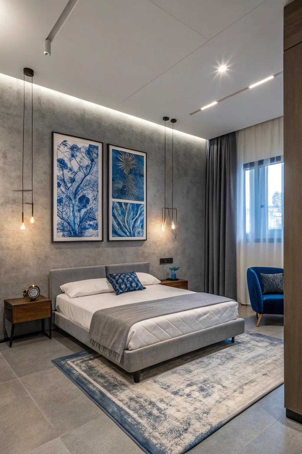 Azure artwork against pewter walls presents a striking visual contrast.