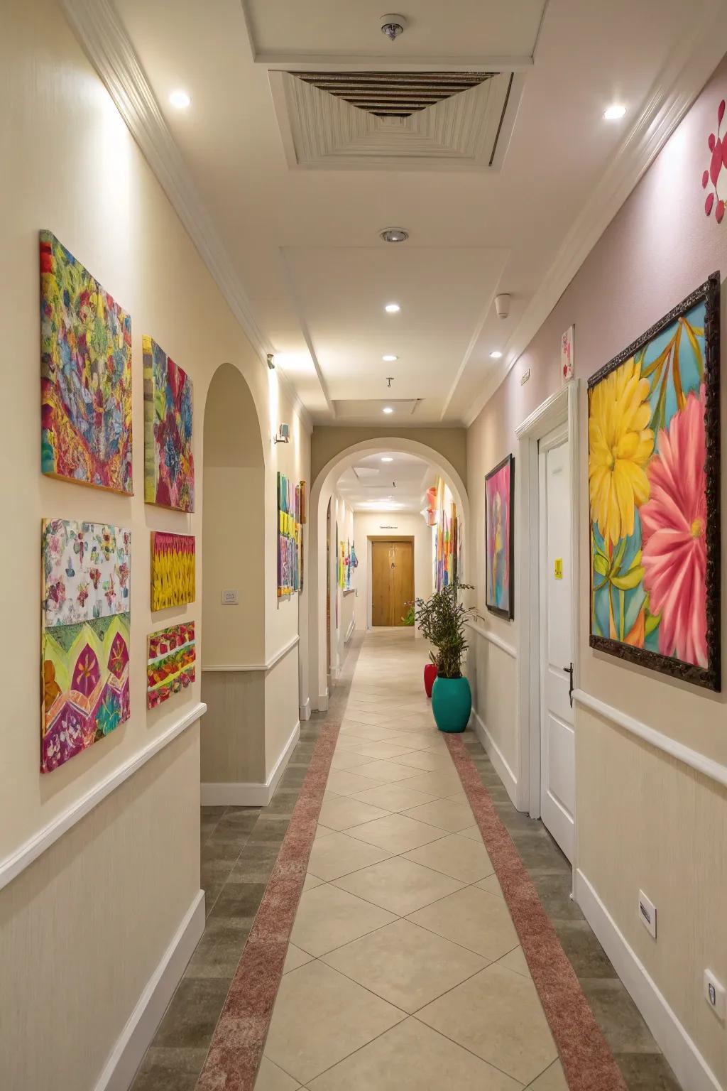 Unexpected splashes of color deliver an energetic feel to the hallway.
