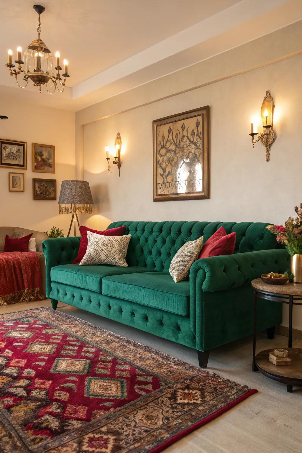 Deep jewel tones adding color and luxury to a modern setting.