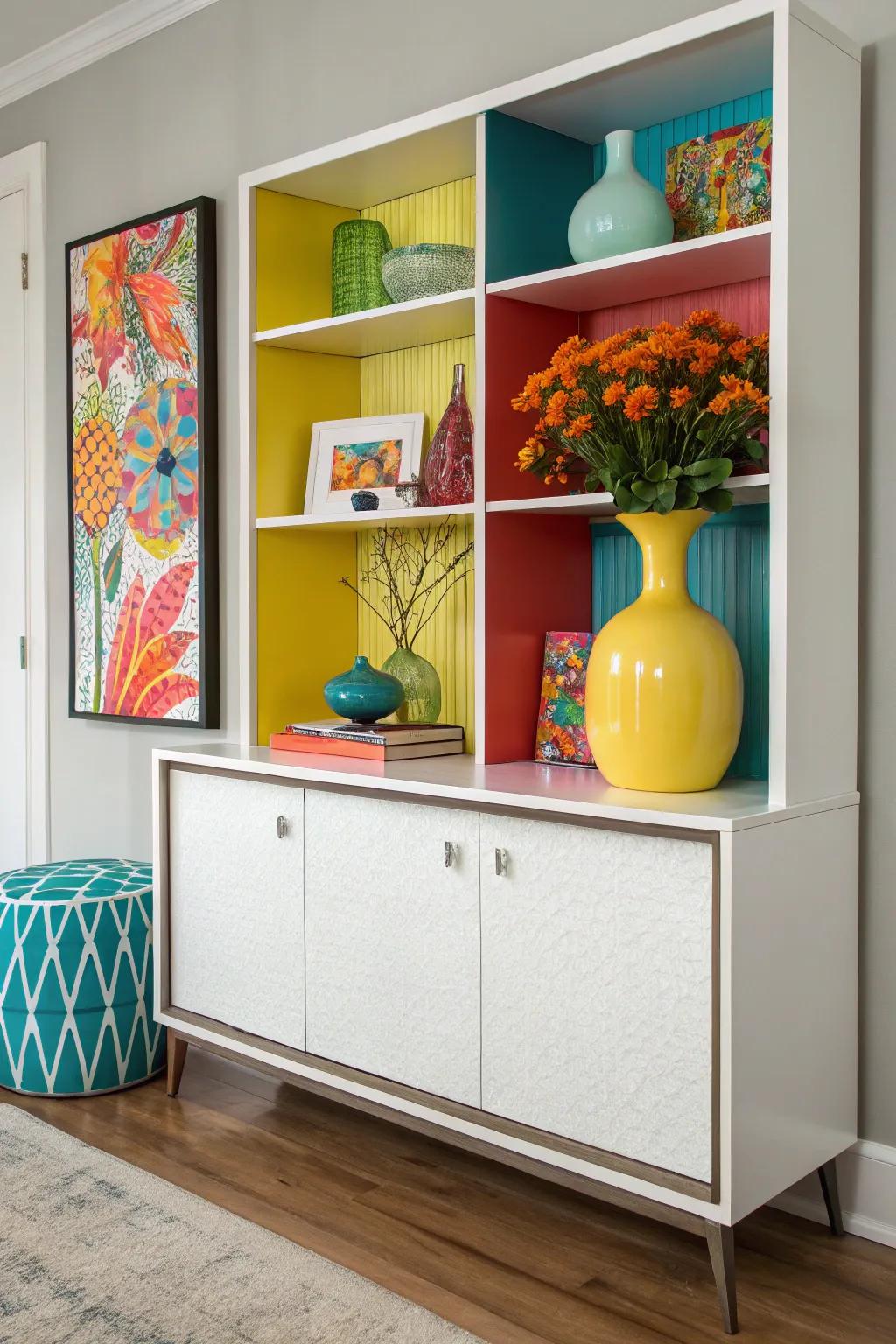 Pops of color inject energy and draw attention to the cabinet.