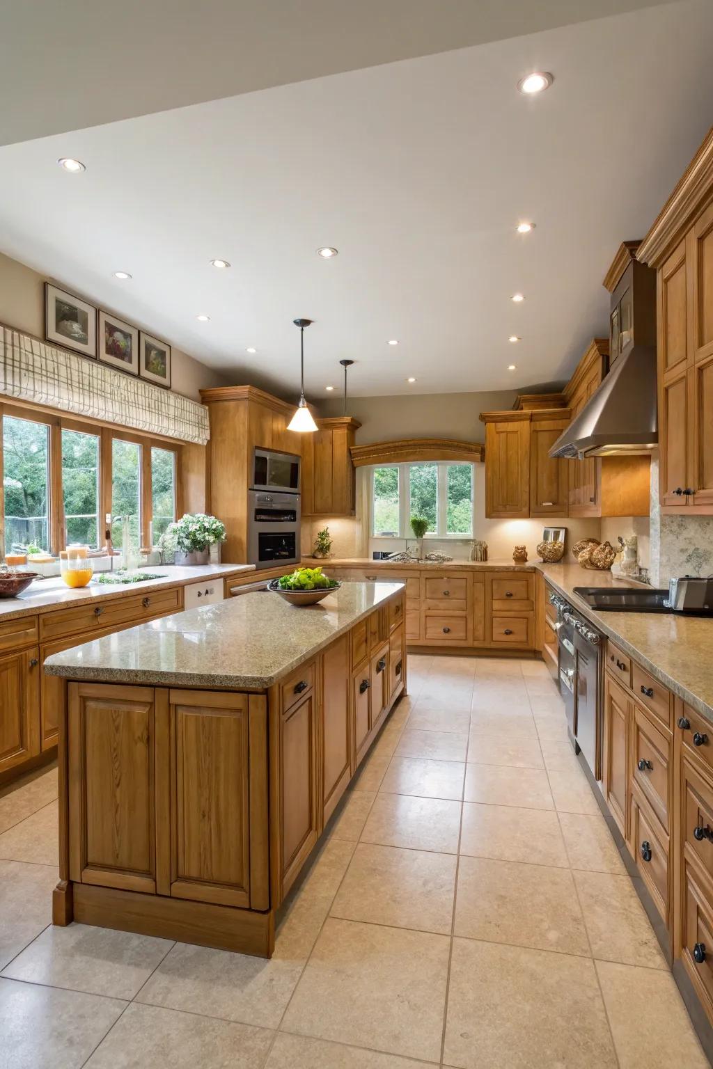 A U-shaped design optimizes both area and storage capabilities in kitchens showcasing paneled-oak cabinets.
