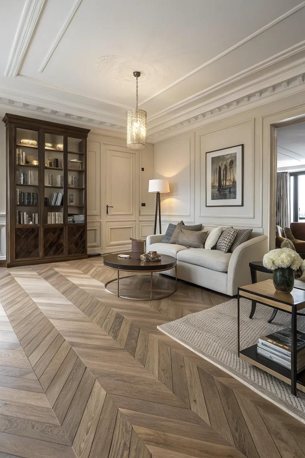 Create visual interest with herringbone patterned flooring.